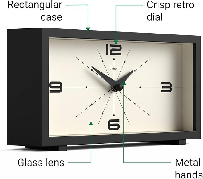 JONES CLOCKS® Odeon Desk Clock | Modern Rectangular Design | Black | Stylish Retro Look for Shelf, Table, Mantel or Bedside