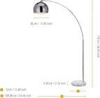 Teamson Home Arquer 68.1" Arc Floor Lamp for Living Rooms, Home Offices, Dining Rooms, Bedrooms with Faux White Marble Base and Chrome Bell Shade