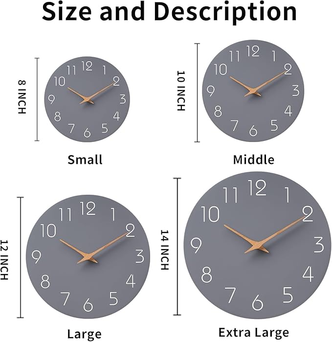 Mosewa Wall Clock 12 Inch Gray Silent Non Ticking Battery Operated Modern Simple Clock Decorative for Kitchen Home Bedroom Bathroom Office Living Room