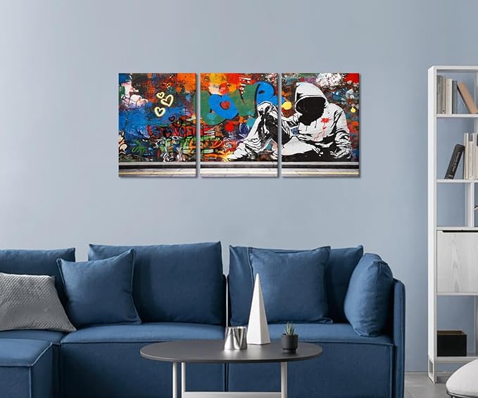 Novatique Graffiti Wall Art Banksy Canvas Wall Art Cool Art Wall Decor Abstract Graffiti Painting Artwork for Bedroom Living Room, 12" x 16" x 3Pcs