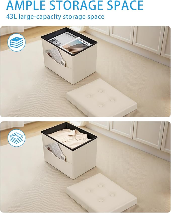 Ottoman with Storage Foot Stool, 17 Inches Folding Storage Ottoman, Leather Upholstered Ottomans Foot Rest with Side Pockets, Suitable for Living Room, Bedroom, Cafe, Beige