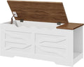 HOOBRO Storage Bench, 47.2'' Toy Box with Safety Hinges, Farmhouse Storage Chest with Side Storage Cubby, for Entryway, Bedroom, Living Room, White and Walnut WH96CW01