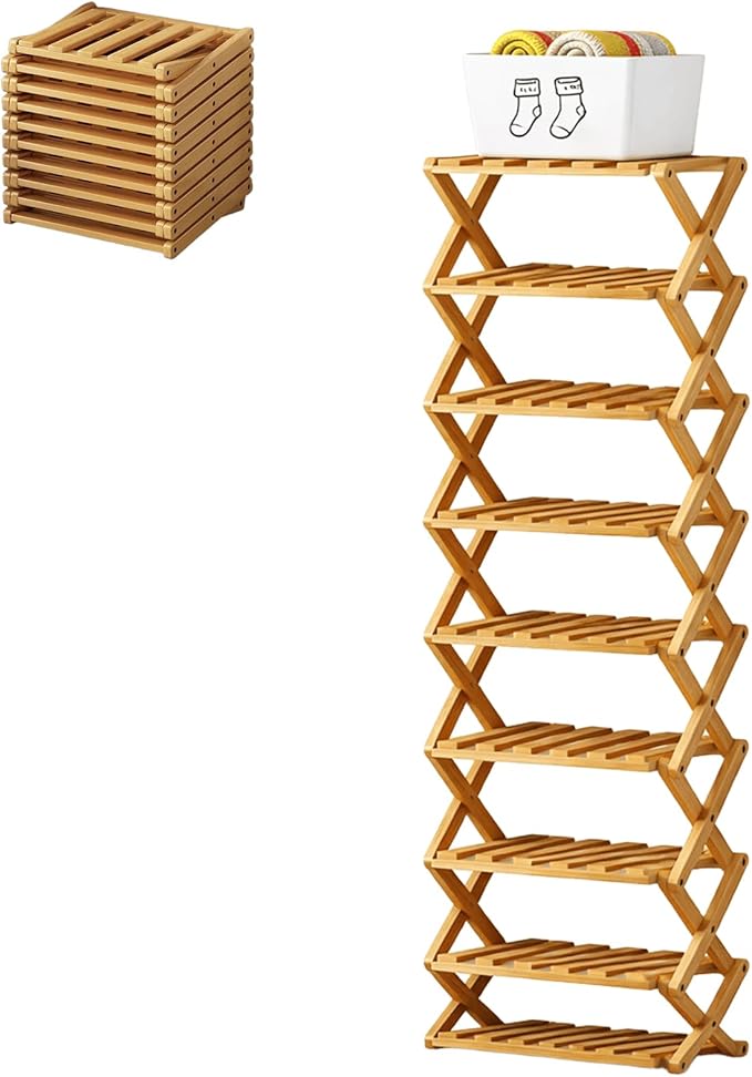 Upgraded The 9-Tier No-Assembly Bamboo Shoe Rack (3–9 Tier), Folding Bamboo Shoe Storage Rack with Zero Assembly Required and Space-Saving Design for Entryway Closet Apartment (Nature, 9 Tier)