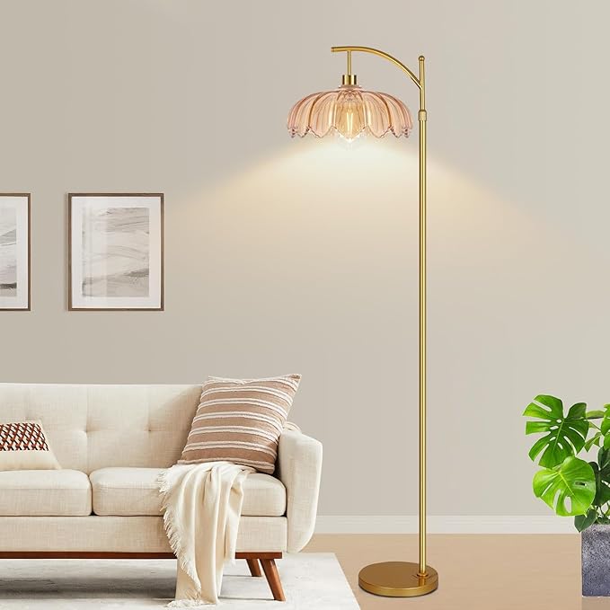 Arc Floor Lamp with 3 Color Temperatures,Gold Floor Lamp with Remote & 3 Color Temperature,Mid Century Modern Standing Lamp with Glass Lampshades,Vintage Tall Floor Lamps for Living Room Bedroom