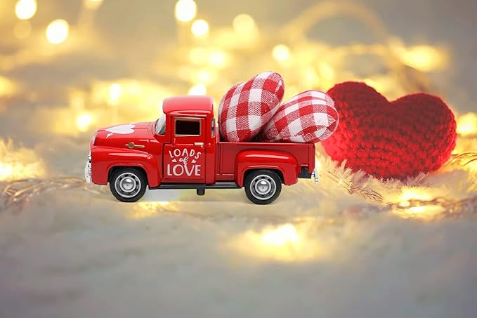 Valentine's Day Metal Farm Truck Tiered Tray Decor, Fall Farmhouse Vintage Diecast Truck Decor Model with Heart for Home Décor 4.8inch (Red)
