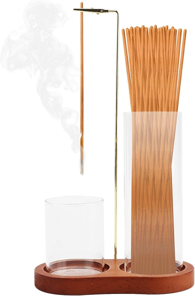 2 in 1 Incense Holder for Sticks, Anti-ash Incense Burner with Glass Ash Catcher, Incense-Holder for Meditation Yoga Spa Room Decor(Color:Brown)