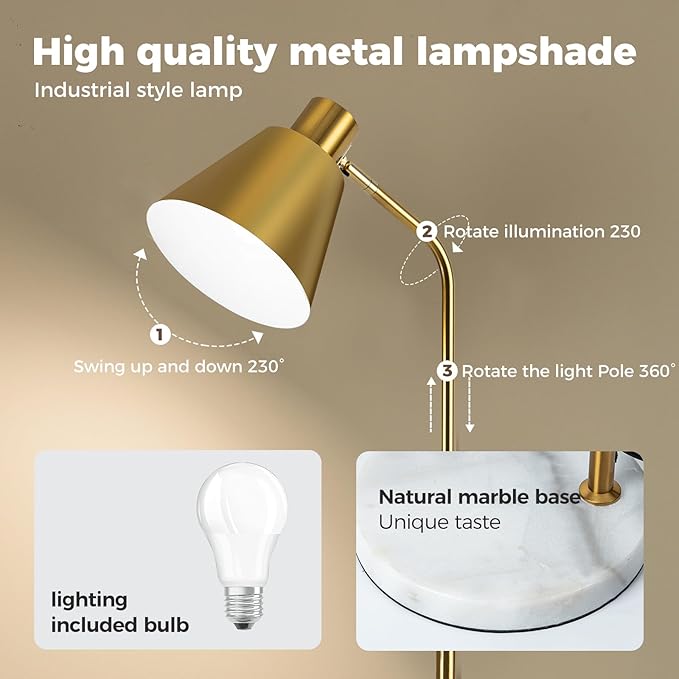 Modern Gold Reading Lamps Floor Standing, 12W Dimmable LED Vintage Brass Standing Lamp for Bedroom, Adjustable Heights Antique Brass Tall Floor Lamp, for Reading Home Corner Living Room
