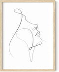 Minimalist Woman Profile Wall Art Upward Gaze Continuous Line Drawing Feminine Face 12x16 Inch Oak Wood Beige Framed Modern Aesthetic Print for Living Room