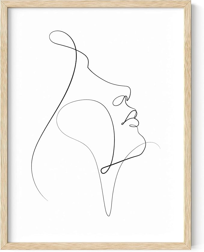 Minimalist Woman Profile Wall Art Upward Gaze Continuous Line Drawing Feminine Face 12x16 Inch Oak Wood Beige Framed Modern Aesthetic Print for Living Room