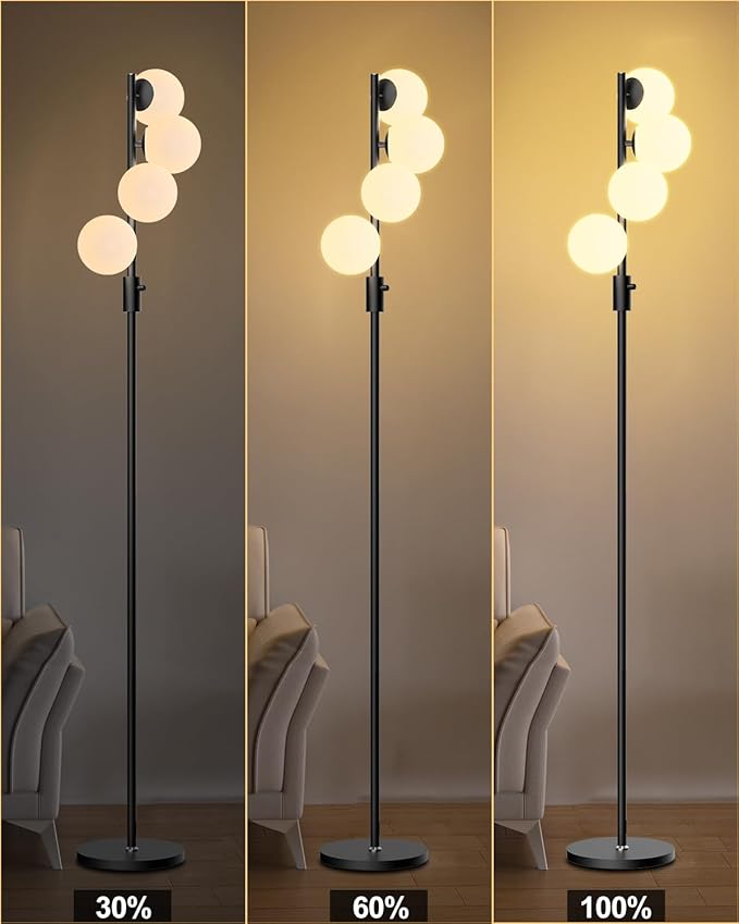 Lightdot 64IN Dimmable (Brightness Adjustable) Globe Floor Lamp, Black Standing Lamps with 4PCS 3000K Bulbs Included, Mid Century Modern Floor Lamp for Living Room/Sofa Beside/Corner Decor