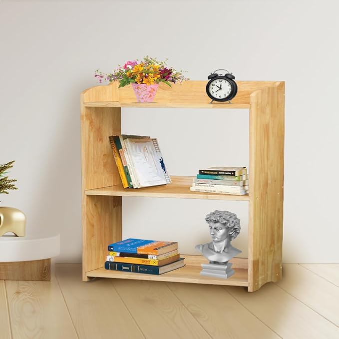 Pink Bookcase by Natural Wood, 4 Tier Bookshelf, Small Book Shelves Freestanding Display Storage Shelves. Open Bookshelf for Bedroom, Living Room and Office (Natural, 3 Tier Simple)