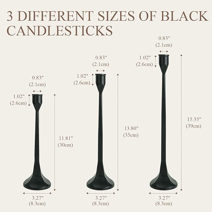 Tall Black Cast Iron Candlestick Holders Set of 3, Wrought Iron Tall Taper Candle Holders, Candle Sticks Holders Decor for Home Decor, Mantle, Table, Wedding-11.8"+13.8"+15.4"(Black)