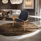 Hans Wegner Style Three-Legged Shell Chair Ash Plywood Accent Chair with Black Faux Leather Upholstery Living Room Furniture Mid-Century Modern Shell Chair - Walnut Wood - Black