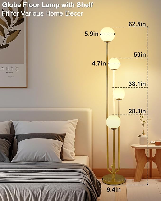 63IN 4-Light Dimmable Floor Lamp, Unique Candle Holder Style Gold Tall Standing Lamps with 3000K G9 Bulbs for Reading, Mid Century Modern Floor Lamp for Living Room Bedroom Home Office