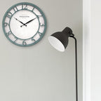 Presentime & Co 13" Farmhouse Series Wall Clock, Shiplap Style, Silent No Ticking, Coastal Clock, Raised 3D Arabic Numeral, Aged Teal Finish