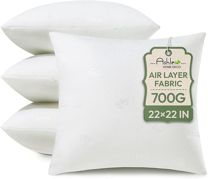 Ashler Throw Pillow Inserts 22 x 22 Inches Set of 4, Indoor Decorative Pillows, Soft and Firm Pillows with Air Layer, Square Cushion Sham Stuffer for Couch and Living Room