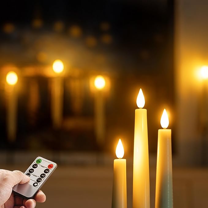 Homemory 2 Pcs Waxy Flameless Taper Candles with Remote, Flickering Battery Operated Taper Candle, Led Flameless Candlesticks Classic Tall Candles for Home, Wedding, Party, Ivory, 9.6 inches