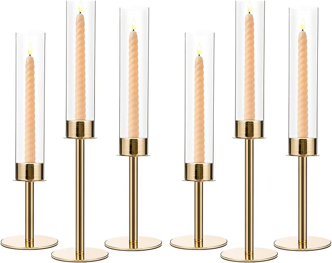 VINCIGANT 6PCS Gold Candle Stick Holders Centerpieces for Tables, Metal Candlesticks Holder with Acrylic lampshade for Parties, Valentine's Day, Birthday,Wedding Decorations