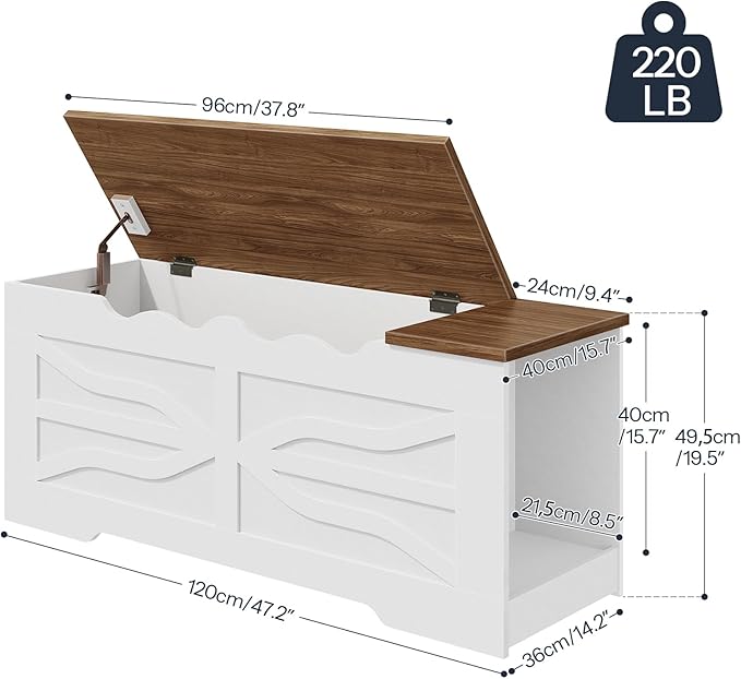 HOOBRO Storage Bench, 47.2'' Toy Box with Safety Hinges, Farmhouse Storage Chest with Side Storage Cubby, for Entryway, Bedroom, Living Room, White and Walnut WH96CW01