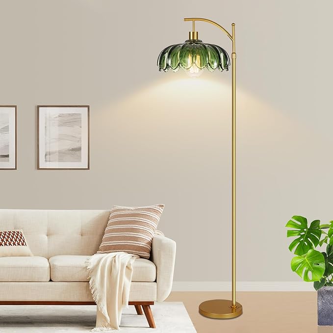Glass Floor Lamp for Living Room,Bedroom,Gold Dimmable Standing Lamp with Remote,Mid Century Modern Brass Tall Lamp Boho Vintage Retro Floor Lamps Arc Green Flower Floor Light Lamp Bohemian