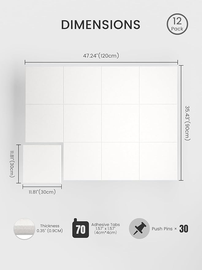 Bumusty Large Cork Board 48" x 36" Alternative - 12 Pack Felt Wall Tiles with 70 Safe Removable Adhesive Tabs, 30 Pushpins, Cork Boards for Walls Pin Board Bulletin Board Office Decor (Milky White)