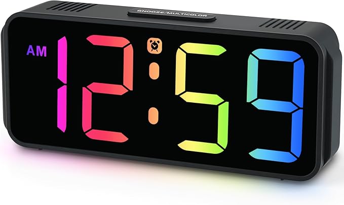 Peakeep Small Tiny Digital Alarm Clock Plug in for Kids Bedroom Bedside Nightstand, RGB Colorful Changing Large Display for Travel, Dimmable 6 Brightness, Corded Electric Battery Backup (Black - RGB)