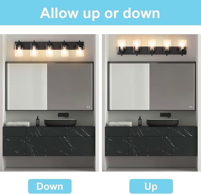 Vanity Light Fixture,5-Light Vanity Light for Bathroom,Matte Black Bathroom Vanity Lighting Over Mirror with Square Clear Glass Shade for Restroom