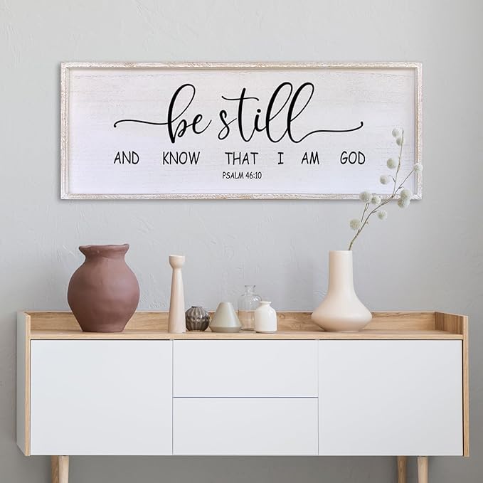 Surfapans Be Still and Know that I am God Wall Decor 40"x15" Large Farmhouse Family Living Room Vintage Religious Bible Verses Entryway Sign Wood Framed Scripture Hallway Hanging Wall Art (White)