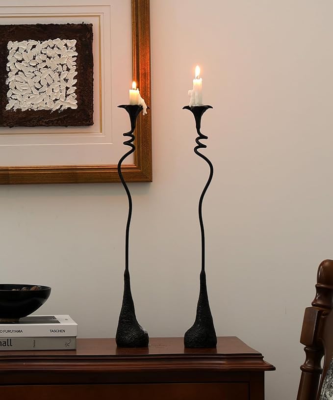 2Pcs Tall Iron Taper Candle Holder Tabletop Black Candlestick for Home Decor Candle Stand with Candle