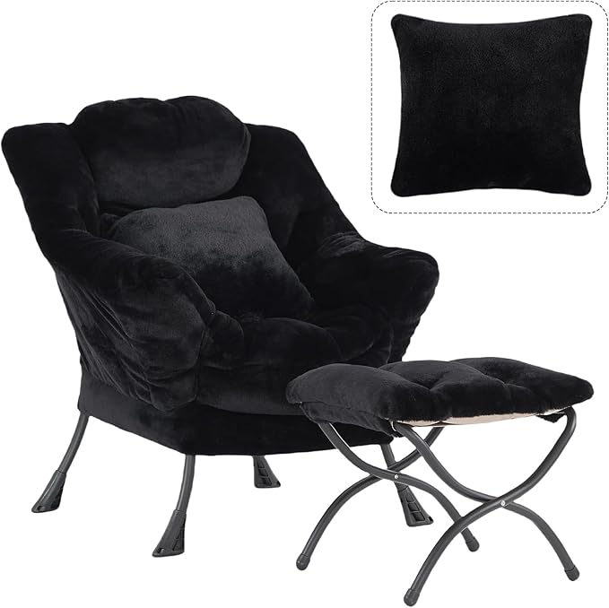 Lazy Chair with Ottoman, Large Black Lounge Accent Chair with Ottoman and FA Throw Pillow, Comfy Plush Reading Chair for Living Room Bedroom Dorm Room Office Apartment Relaxing Use