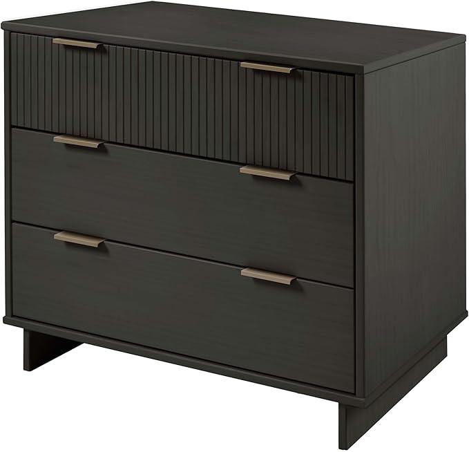 Manhattan Comfort Granville 2 Piece Modern Bedroom Dresser Set, Includes Standard Drawer Storage and Nightstand with Solid Wood Vertical Ribbed Design and Gold Accents, Dark Grey
