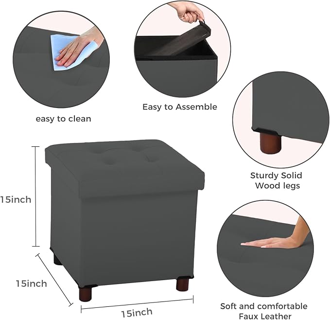 Storage Ottoman, Ottoman with Storage for Living Room Ottoman Square Tray Bedroom Cube Foot Rest Stool With Legs Small Ottomans Coffee Table Lid Foldable Footstool Faxu Leather 15" Inch (Grey)