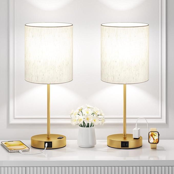 Gold Touch Lamps for Nightstand Set of 2 - Bedside Table Lamp for Bedroom with Dual USB Ports & AC Outlet, 3-Way Dimmable Lamps for Living Room Boys Room, Night Light with 5000K Daylight Bulbs
