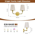 Kvhilw Bathroom Vanity Light, Brushed Gold Bathroom Light Fixtures, 2-Light Lighting Fixtures Over Miror, Modern Wall Sconce with Flared White Fabric Shade, E26 Socket(ETL Listed)