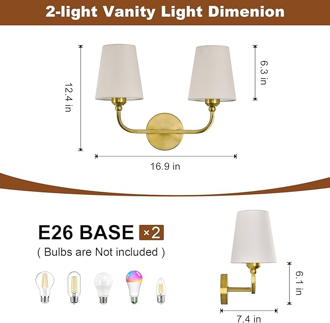 Kvhilw Bathroom Vanity Light, Brushed Gold Bathroom Light Fixtures, 2-Light Lighting Fixtures Over Miror, Modern Wall Sconce with Flared White Fabric Shade, E26 Socket(ETL Listed)