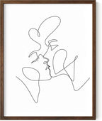 Minimalist Couple Art Wall Art Print Couple Kiss Abstract Line Drawing, Gallery Quality 11"x14" Walnut Framed, Abstract Love Aesthetic Decor Bedroom Living Room