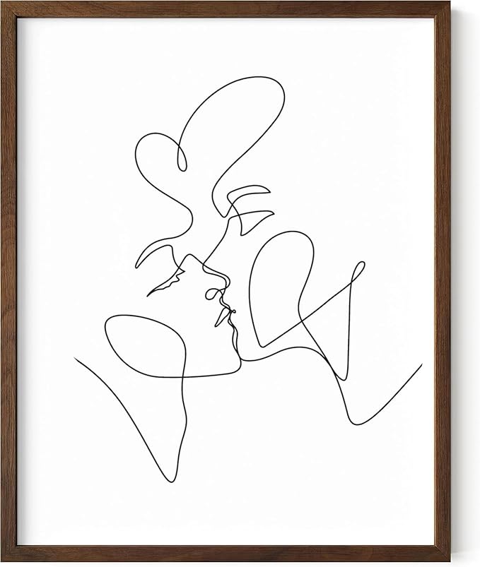Minimalist Couple Art Wall Art Print Couple Kiss Abstract Line Drawing, Gallery Quality 11"x14" Walnut Framed, Abstract Love Aesthetic Decor Bedroom Living Room