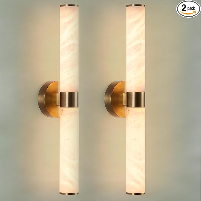 23.8in Gold Alabaster Wall Sconces Set of 2, Modern Brass Bathroom Sconce Light, Spanish Marble Wall Lamp, Hardwired LED Wall Lighting for Bedroom Living Room Staircase Hallway Dining Room