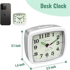 Small Battery Travel Alarm Clock, Analog Clocks for Bedrooms, Bedside Nightstand Desk Tabletop Bookshelf Clock for Bathroom Office, Maximalist Decor for Home, Silver