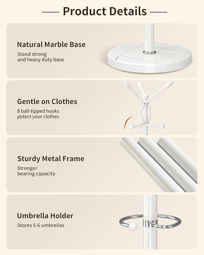 ZOZOE Metal Coat Rack Stand, Modern Coat Rack Freestanding with Natural Marble Base, Sturdy Coat Racks with 10 Hooks & Umbrella Holder,White Coat Tree Hanger Stand for Bags,Hats,Entryway,Office