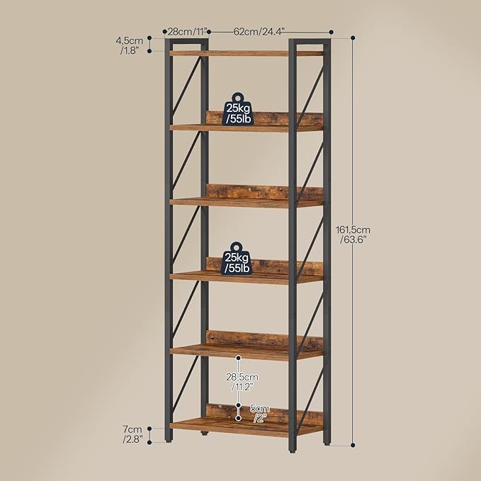 HOOBRO Bookshelf, 6-Tier Industrial Bookcase, Book Shelf Storage Organizer, Tall Bookshelf with Metal Frame for Living Room, Bedroom, Home Office, Kitchen, Rustic Brown and Black BF726SJ01