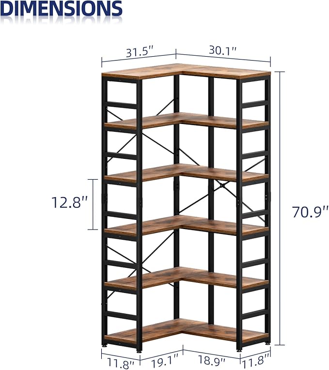 NUMENN 6 Tier Corner Bookshelf, Modern Corner Bookcase, Large Open Shelf Bookcase, Tall Bookshelves Storage Display Rack for Bedroom, Living Room and Home Office, Vintage