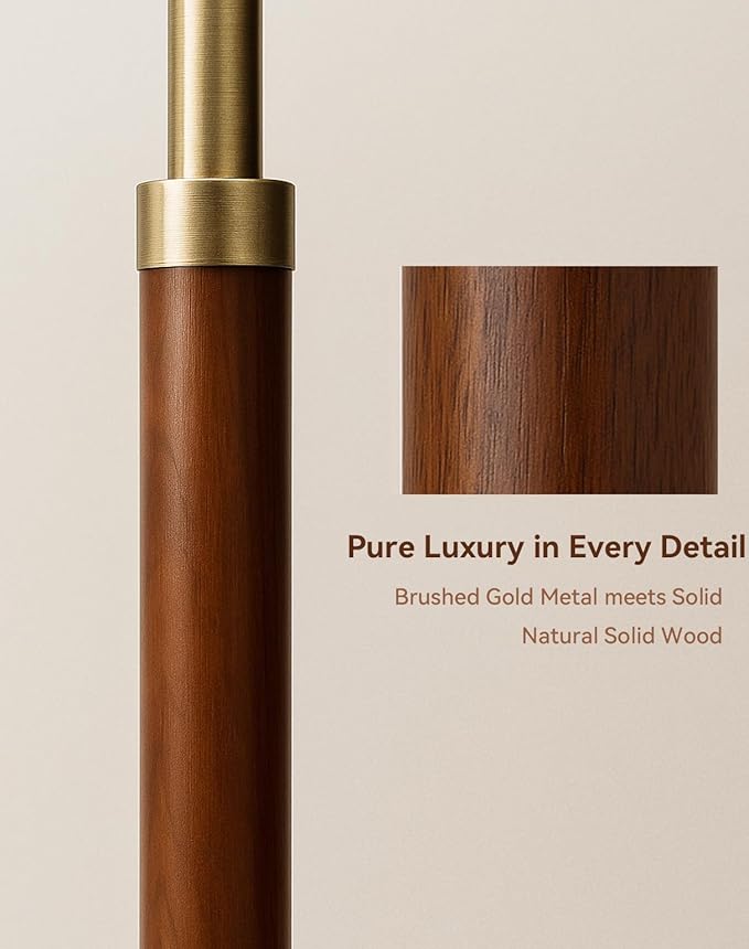 JOOFO Mid-Century Modern Wood Floor Lamp with Dual Fabric Shade, Remote Control, Dimmable & Adjustable Color Temperature, Reading & Living Room Lamp, Easy Clean Cover, Foot Switch,Walnut Wood