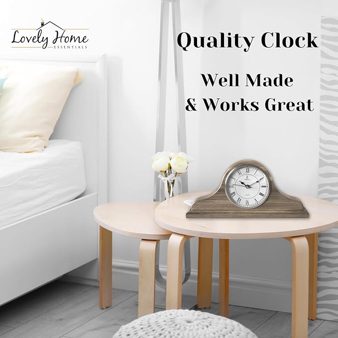 Mantel Clock Battery Operated - Grey Ash Wooden Farmhouse Mantle Clock for Living Room Decor Above Fireplace, Office, Shelf & Home Décor Gift 15x7.5 - Silent Wood Mantel Clock for Living Room Table