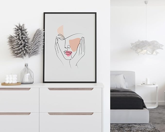 Aesthetic Face Wall Art Hands on Cheeks Continuous Line Drawing Abstract Pink Shapes 12x16 Inch Oak Wood Black Framed Modern Portrait for Bedroom Vanity