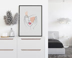 Aesthetic Face Wall Art Hands on Cheeks Continuous Line Drawing Abstract Pink Shapes 12x16 Inch Oak Wood Black Framed Modern Portrait for Bedroom Vanity