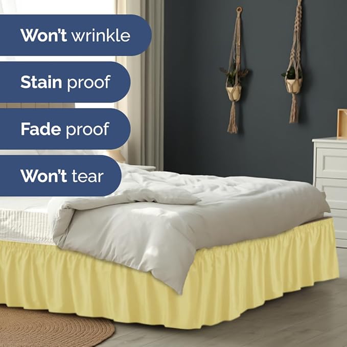 Wrap Around Dust Ruffle Bed Skirt - Yellow - for Queen Size Beds with 18 Inch Drop - Easy Fit Elastic Strap - Adjustable Pleated Bedskirt w/Brushed Fabric Wrinkle Free - for Women, Men, Kids & Teens