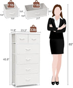 Crestlive Products Tall Dresser for Bedroom Vertical Skinny Dresser - Sturdy Steel Frame, Wood Top, Easy Pull Fabric Bins- Organizer Unit for Bedroom, Entryway, Closets - 6 Drawers (White)