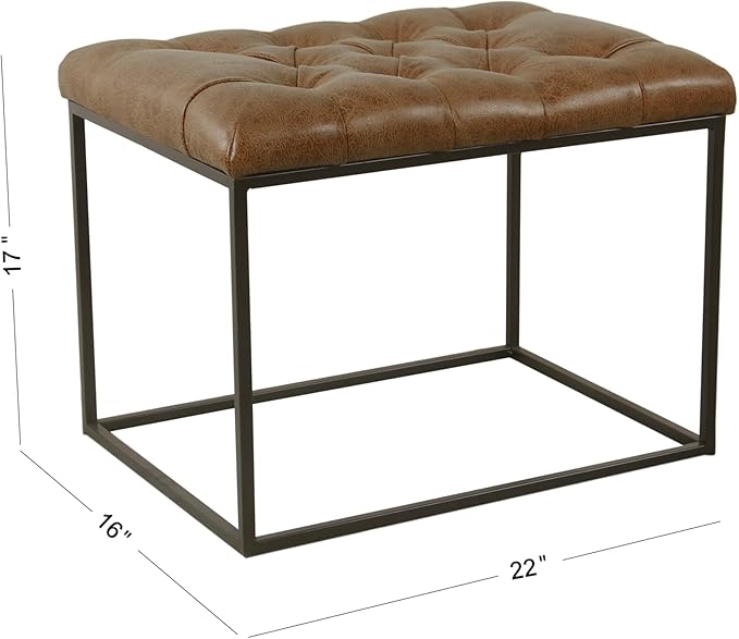 HomePop Home Decor | Upholstered Tufted Faux Leather Ottoman Bench| Ottoman Bench for Living Room & Bedroom | Decorative Home Furniture (Distressed Brown Faux Leather) Small