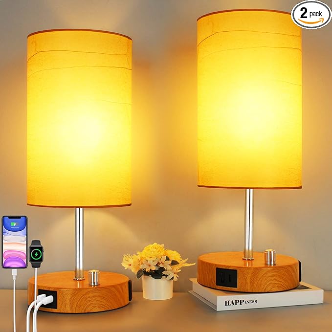 HiBay 2-Pack 17.75" Dimmable Bedside Table Lamps with 2 USB Charging Ports & AC Outlet, Rustic Wood-Grain Nightstand Lights with Parchment Shade for Bedroom Living Room Dorm, Bulb Included